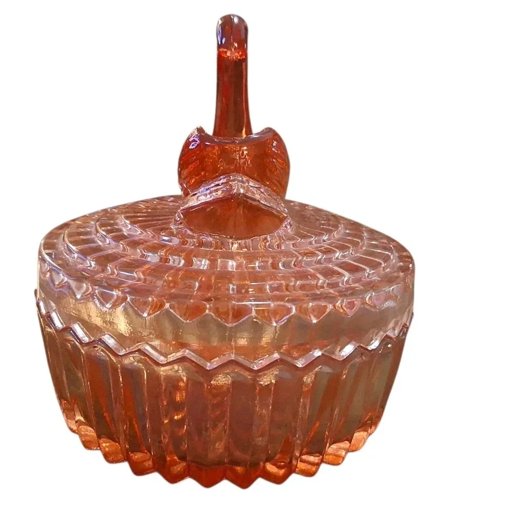 Vintage Jeanette Amberina Glass Powder Dish w/Swan Lipstick Holder Lid